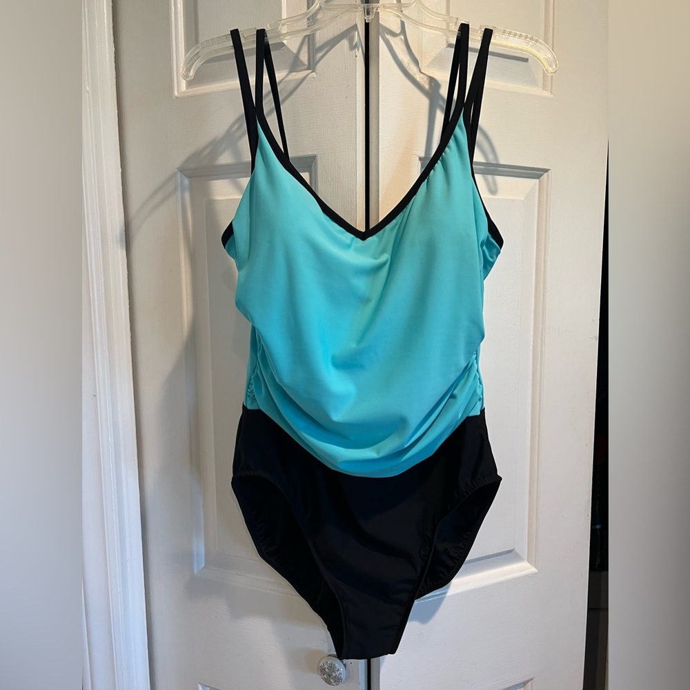 TROPICAL ESCAPE One Piece Swimsuit - Blue Top, Black Bottom , Double Straps
